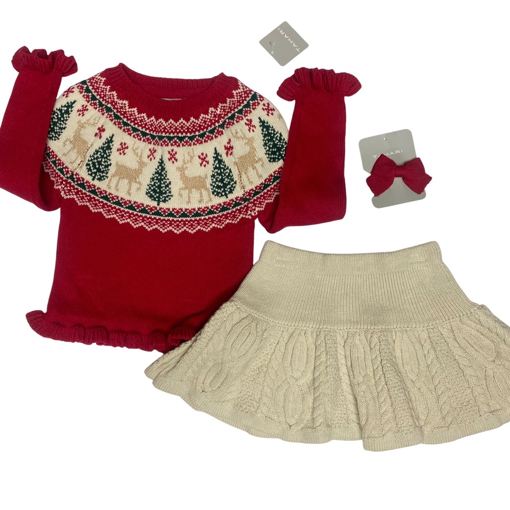 Tahari Girls 24 Mos‎ Christmas Holiday Deer Tree Sweater Skirt Outfit Set NWT